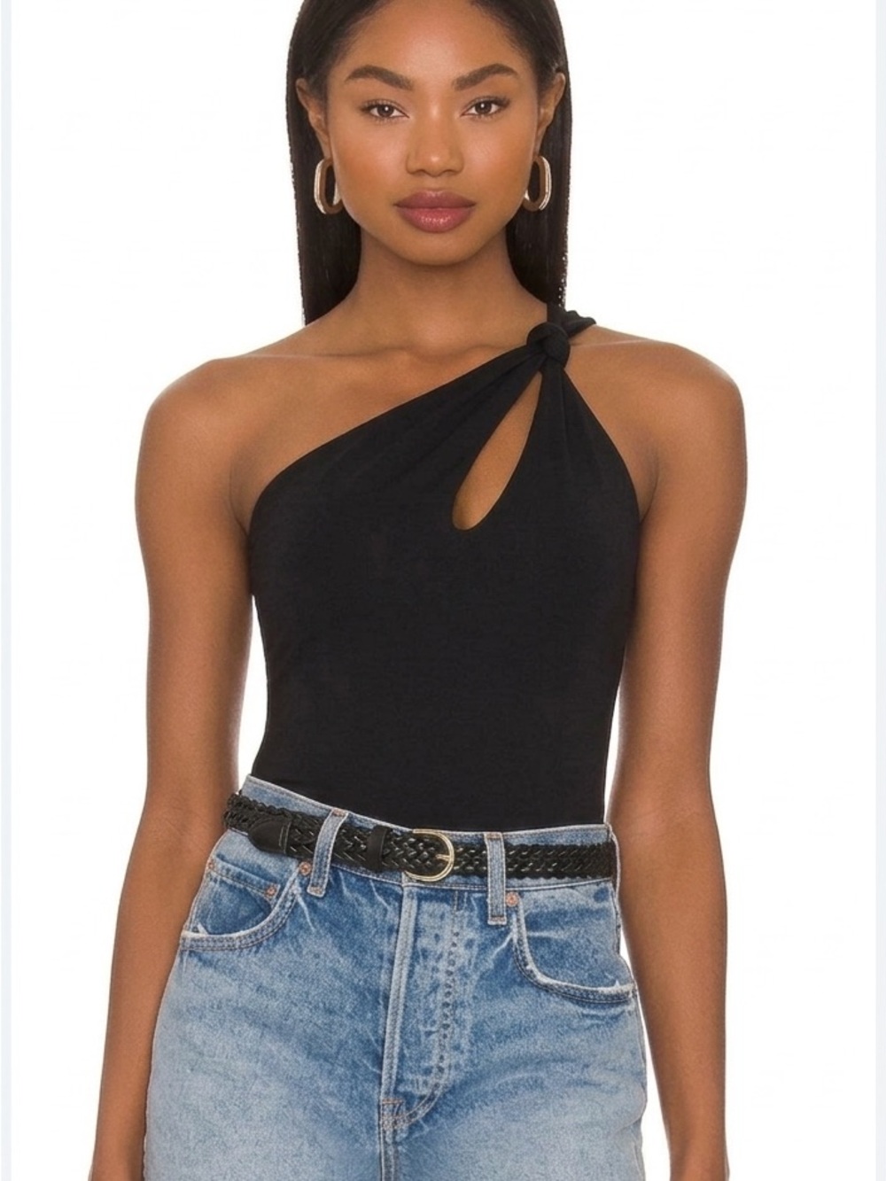 Susana Monaco Black One-Shoulder Knot-Detail Top, Size S